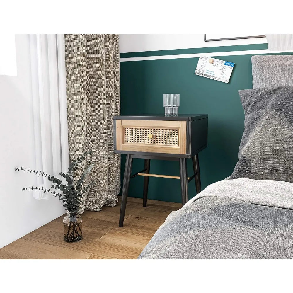 NAVY Farmhouse 3-Drawer Rattan Nightstand - 25" W Black Cane Front Accent Dresser with Brass Pulls
