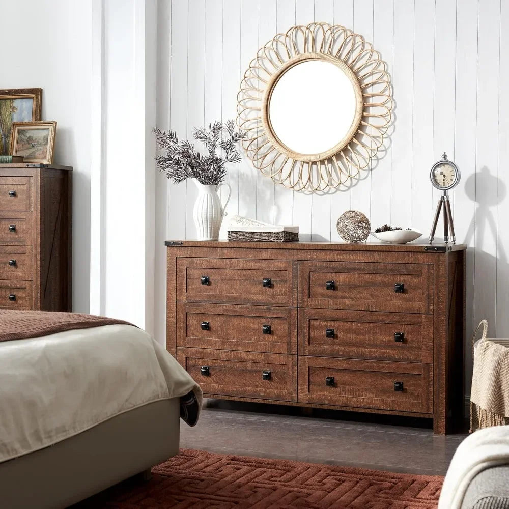 KYLIE Farmhouse Wide Rustic 6 Drawer Dresser - 54'' Wood Storage Chest for Bedroom