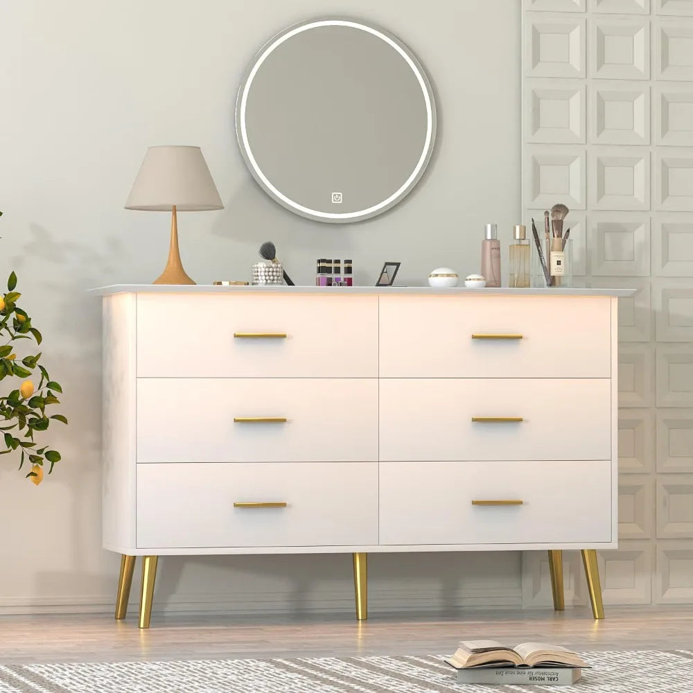 ANTONELLA Modern LED White Dresser – 6 Drawer Chest with Gold Handles – 47.2''