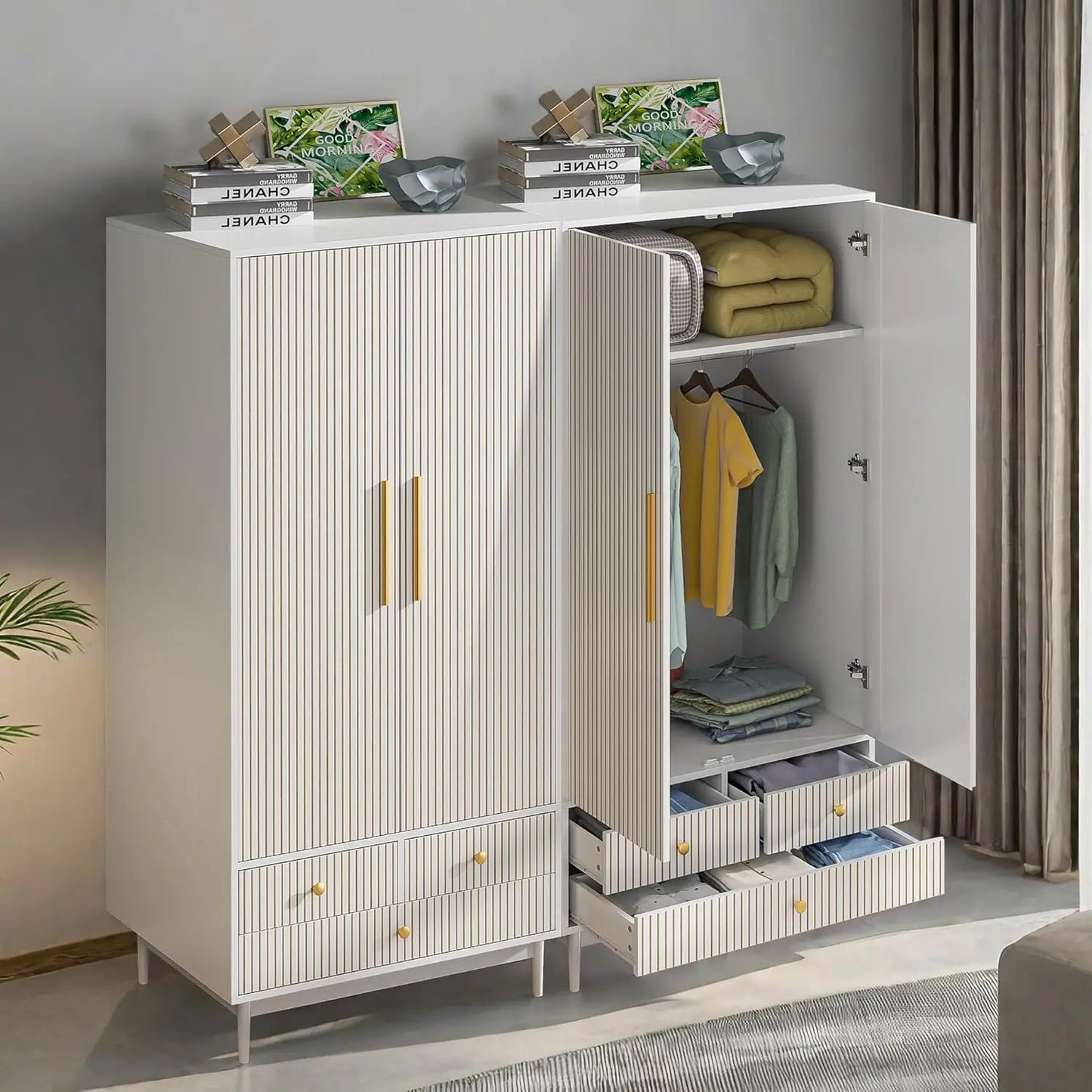 SUNNY Modern Fluted Double-Door Wardrobe Closet Set – 63'' Wide Wooden Bedroom Armoire
