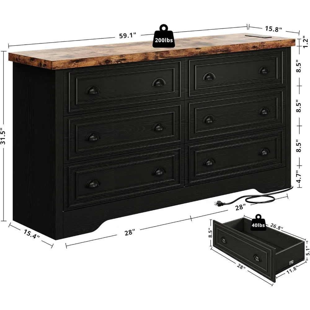 FINLEY Wide 6-Drawer Dresser with Charging Station - Rustic Wood Storage Cabinet