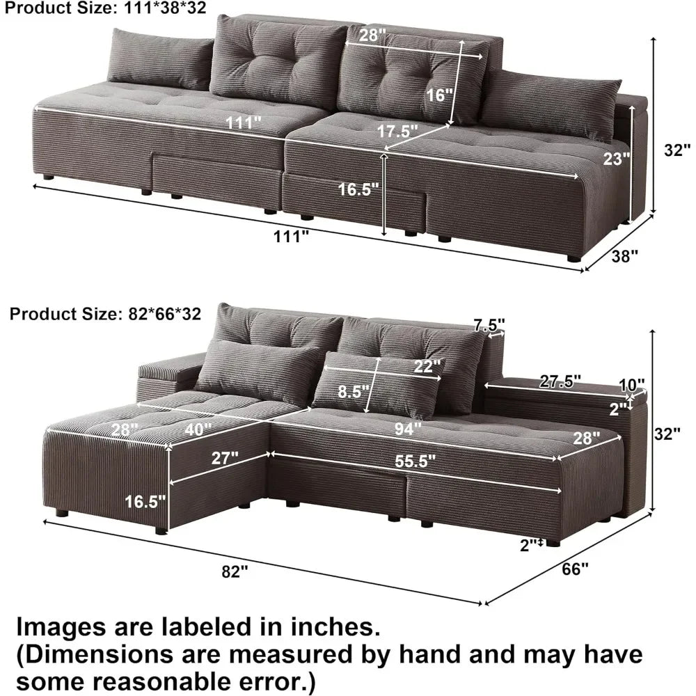 SYDNEY CloudFlex Minimalist Convertible Sofa Bed – L-Shaped Sectional Couch – 111"W