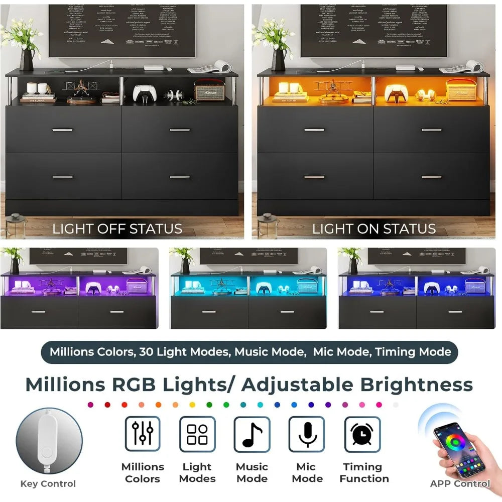TAYLOR Modern LED Bedroom Dresser – 4 Drawer Storage Chest with Column Design & Charging Station