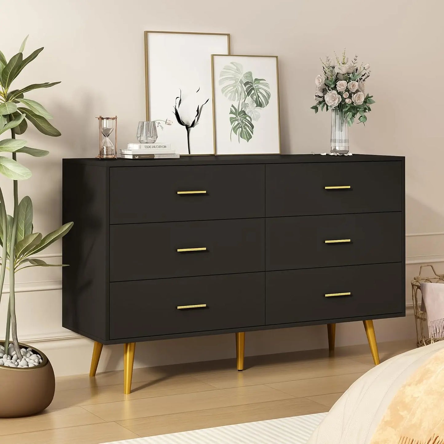 KAYLANI Modern 6-Drawer Wood Dresser with Gold Handles - 42.2" Wide