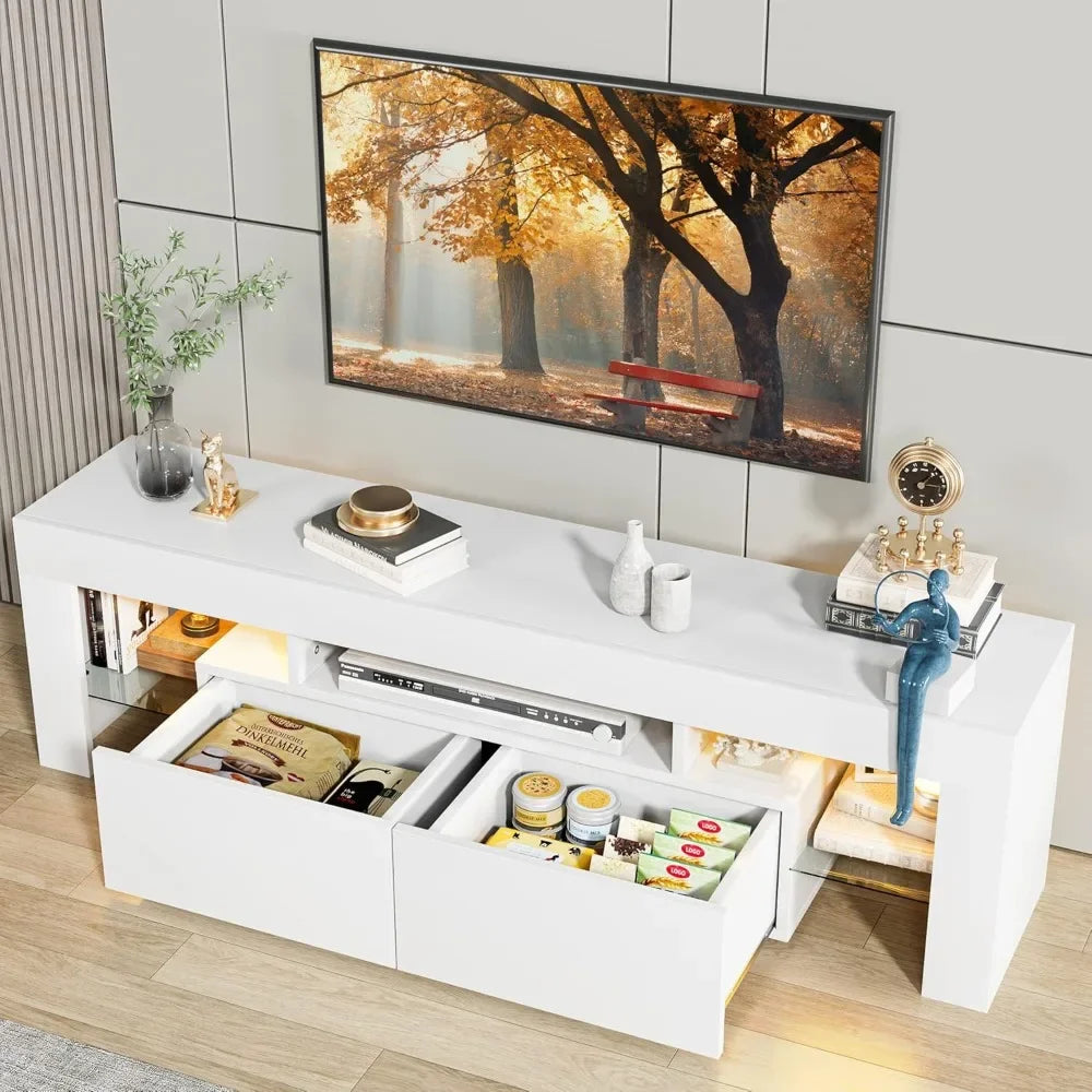 TV Stand with LED Lights, Modern Entertainment Center Media and Open Shelf Console Table Storage Desk with 1 Drawer
