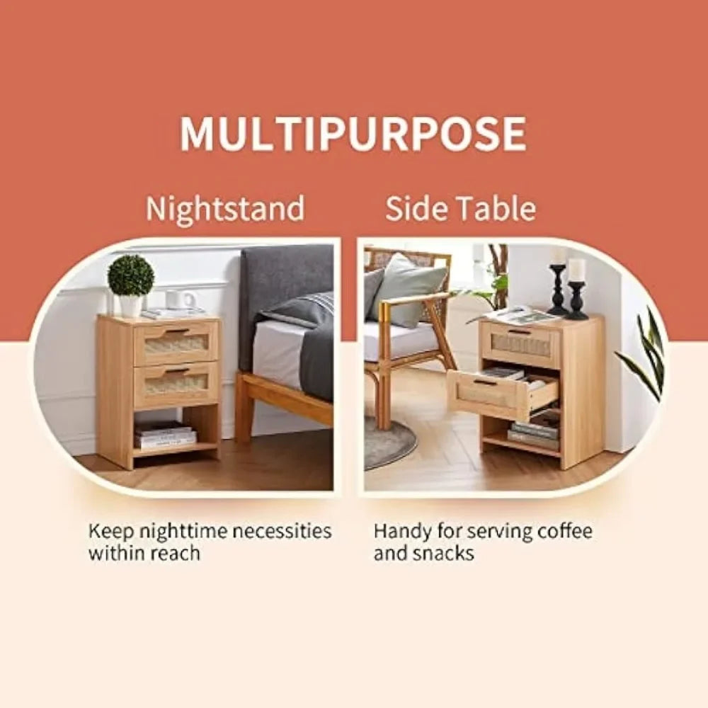 MALANI Modern Rattan Nightstand with 2 Drawers & Open Storage – 17.3" Wide Bedside Table