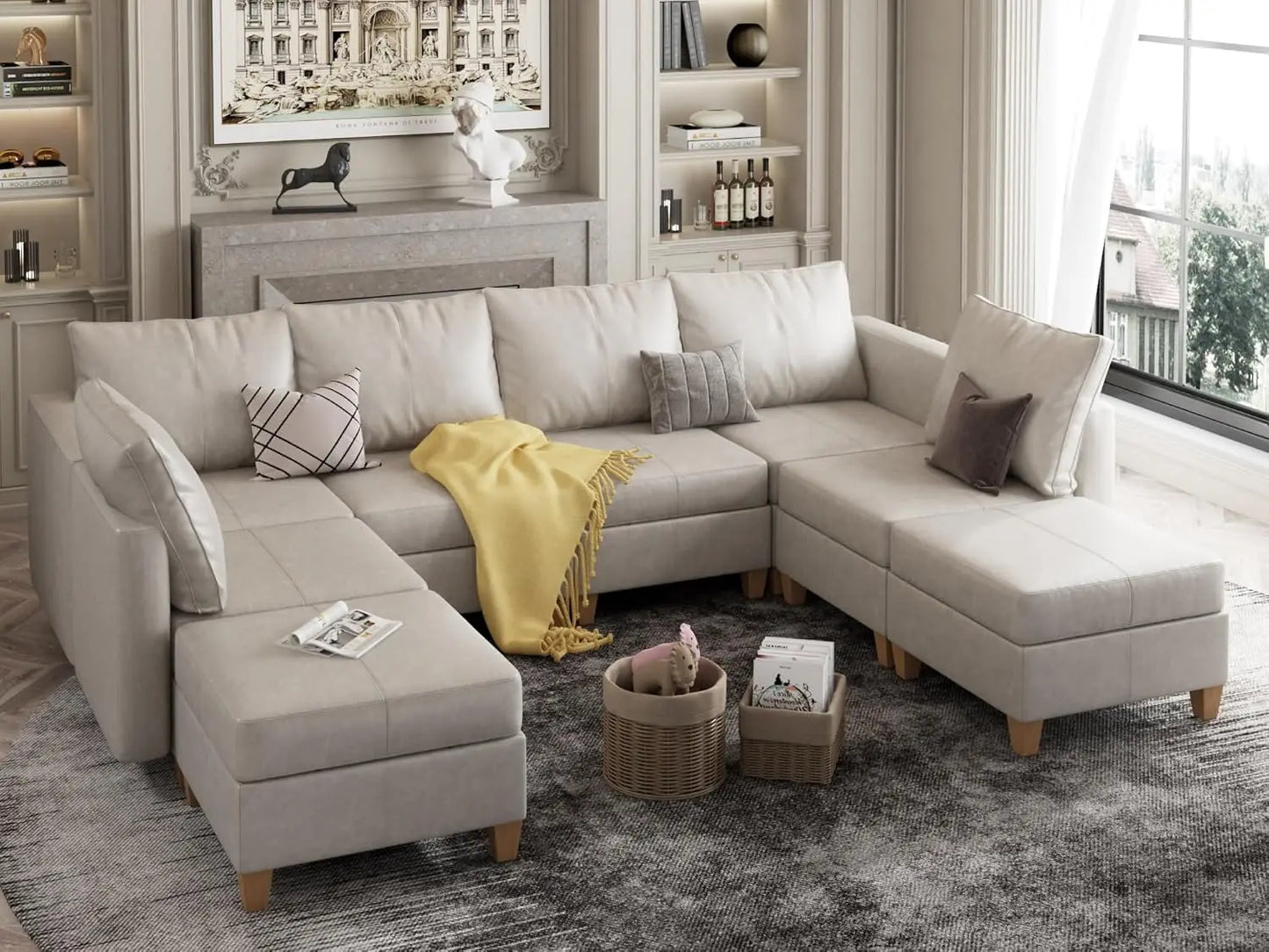 AVERY LuxOra Faux Leather U-Shaped Modular Sectional Sofa | Convertible Sleeper with Storage Ottomans – 118.2″ W