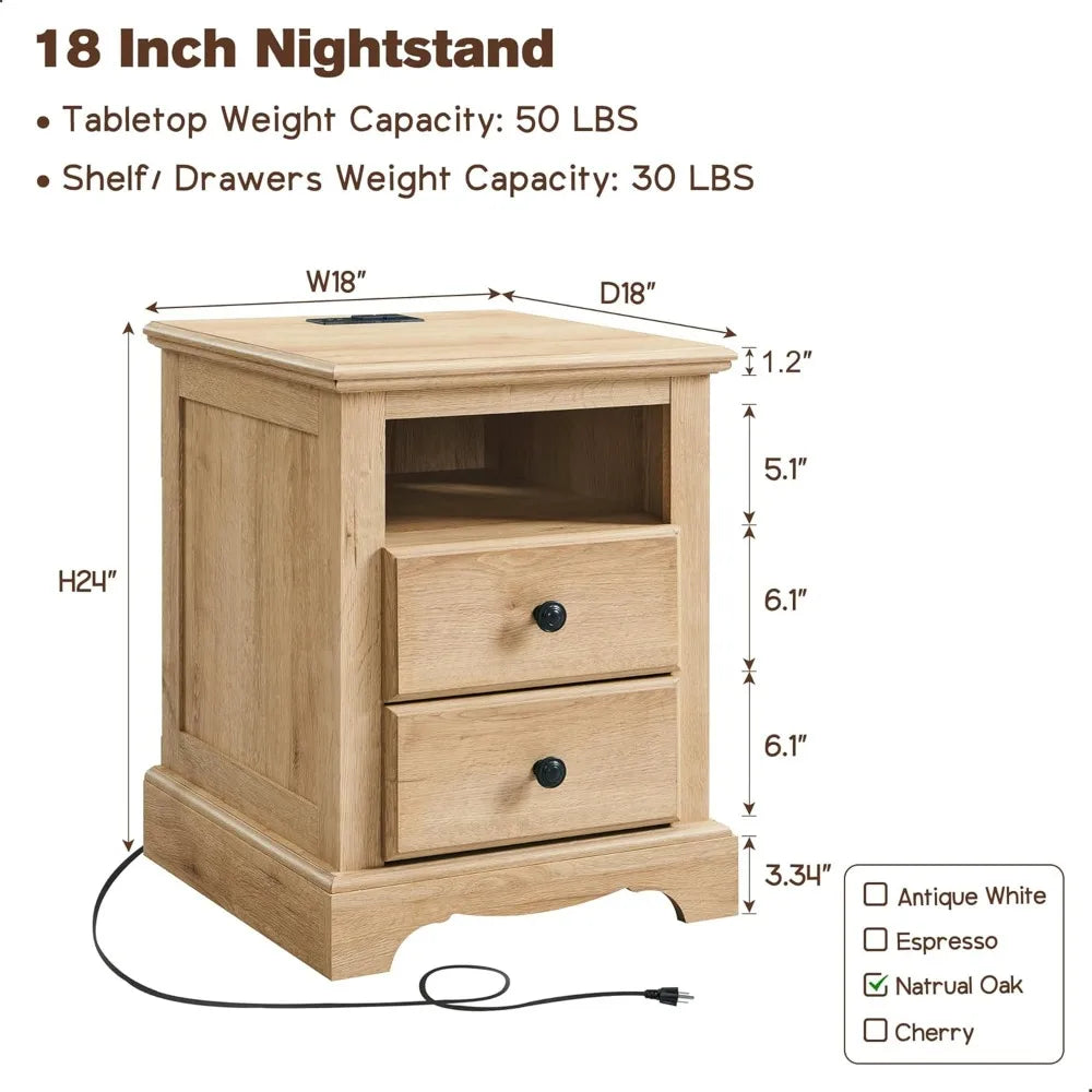 BROOKLYNN Vintage 18'' Nightstand with Charging Station and Storage Drawers