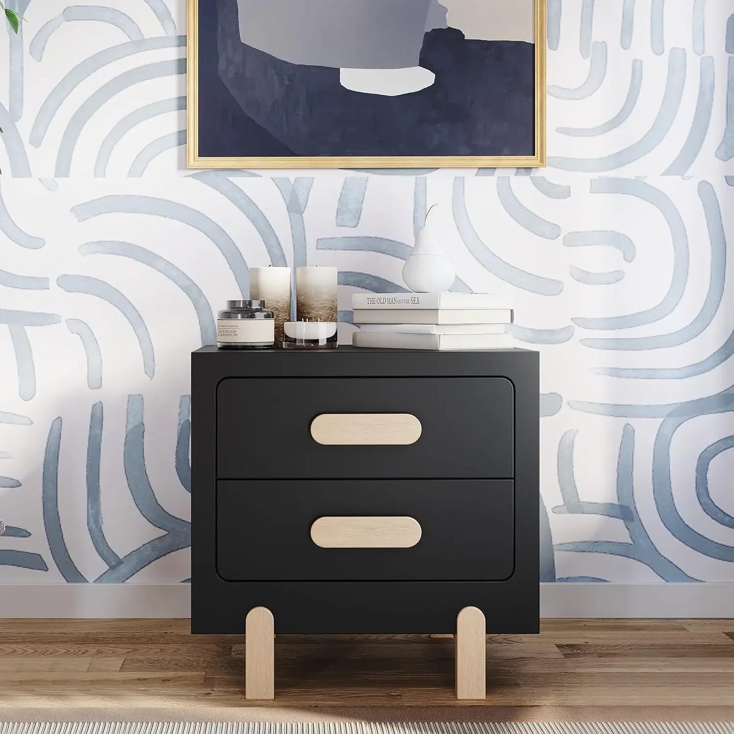 ANGELINA Modern Black 19" Wide Wooden Nightstand – Minimalist 2-Drawer Bedside