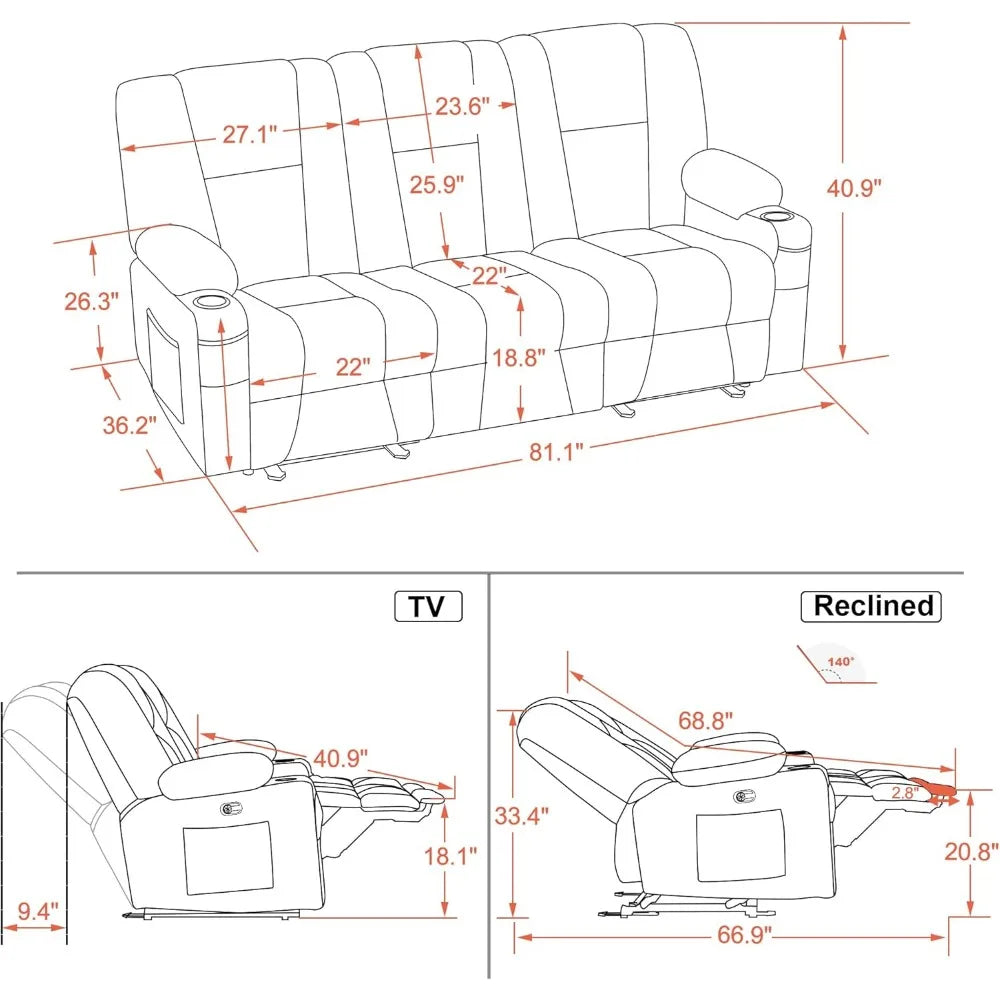 EASTON Power Reclining Sofa with Heat & Vibration, 3-Seat Dual Recliner Sofa - 81.1" W