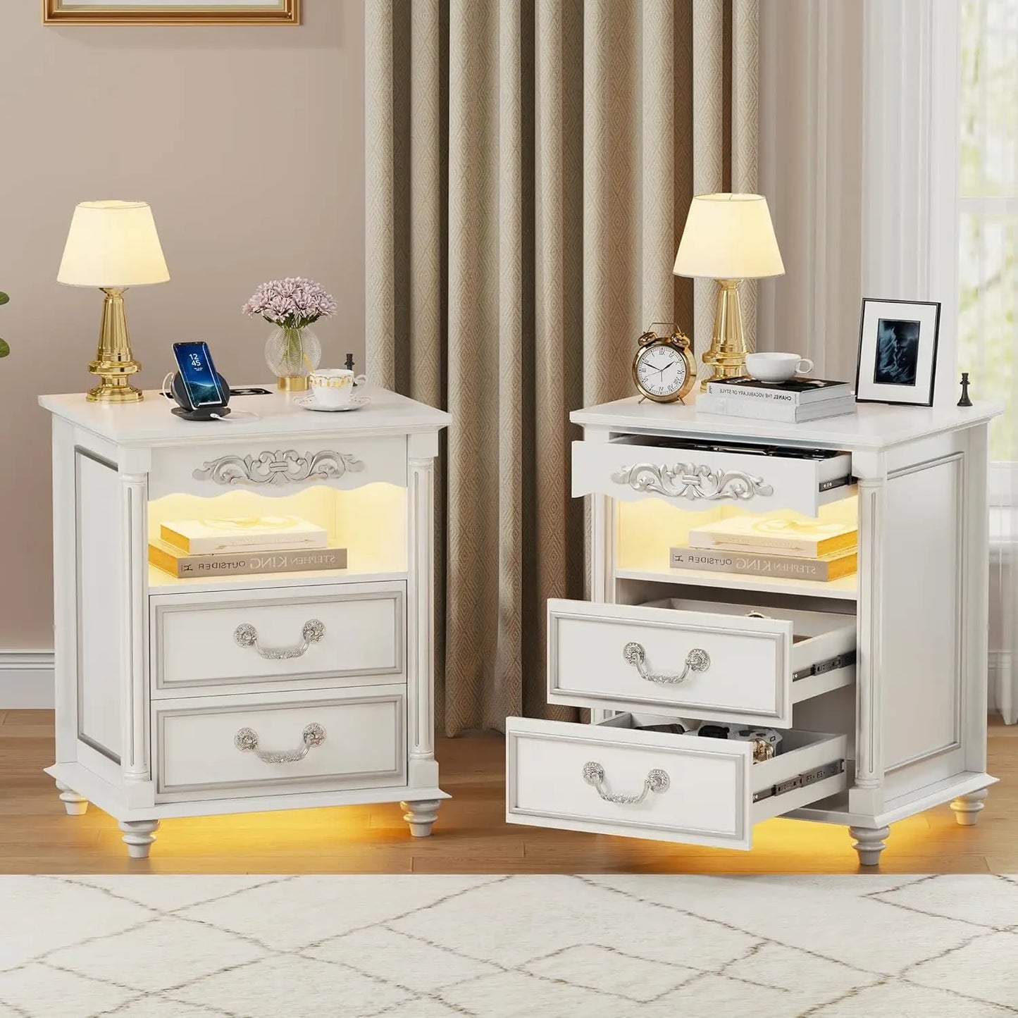 NICOLE Wooden Bedside Table with Wireless Charging & LED Lights - 24''