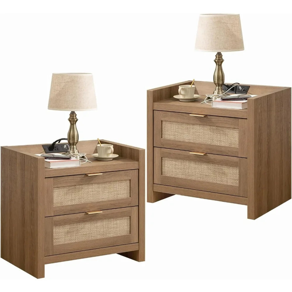 LAUREN Farmhouse Oak Rattan Nightstand Set – 23.6" Wide 2-Drawer Bedside Table with Type-C Charging Station