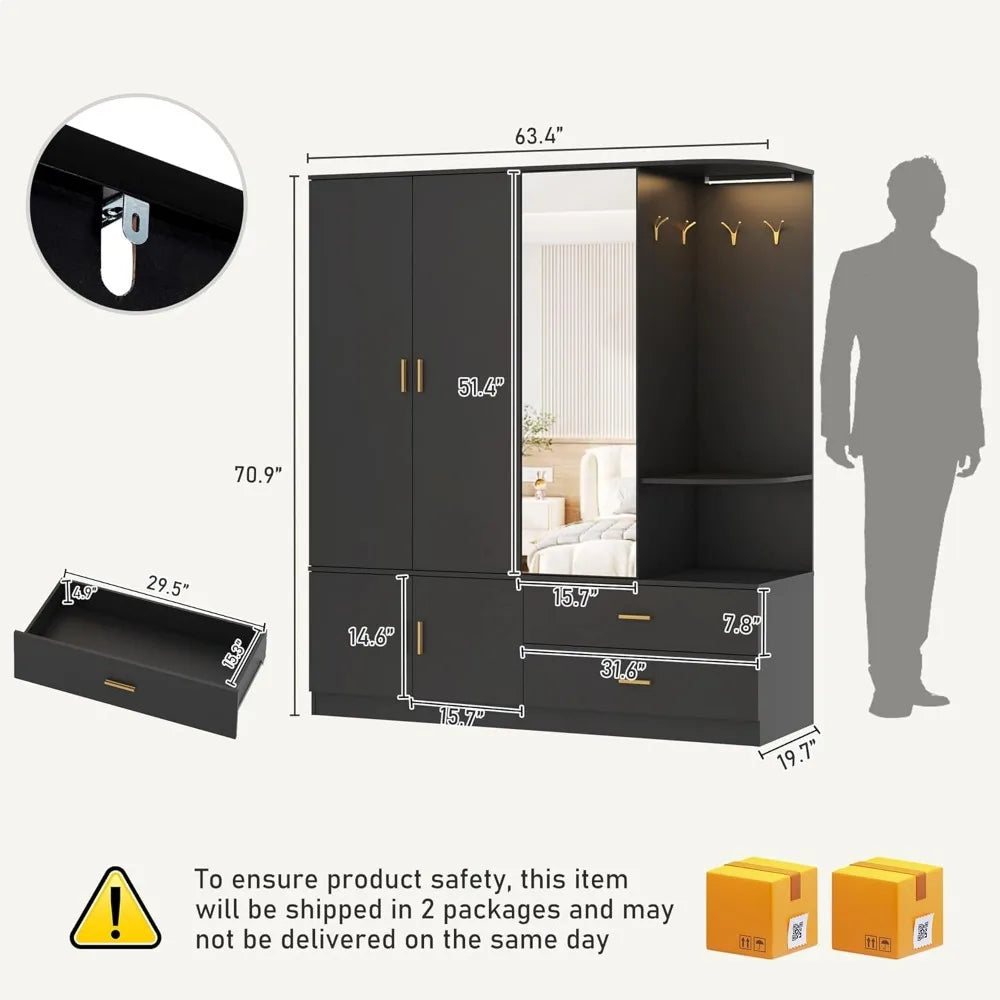 KATALINA Wooden Armoire Wardrobe Closet with Mirror & Sensor Light – 63" Wide Storage Cabinet