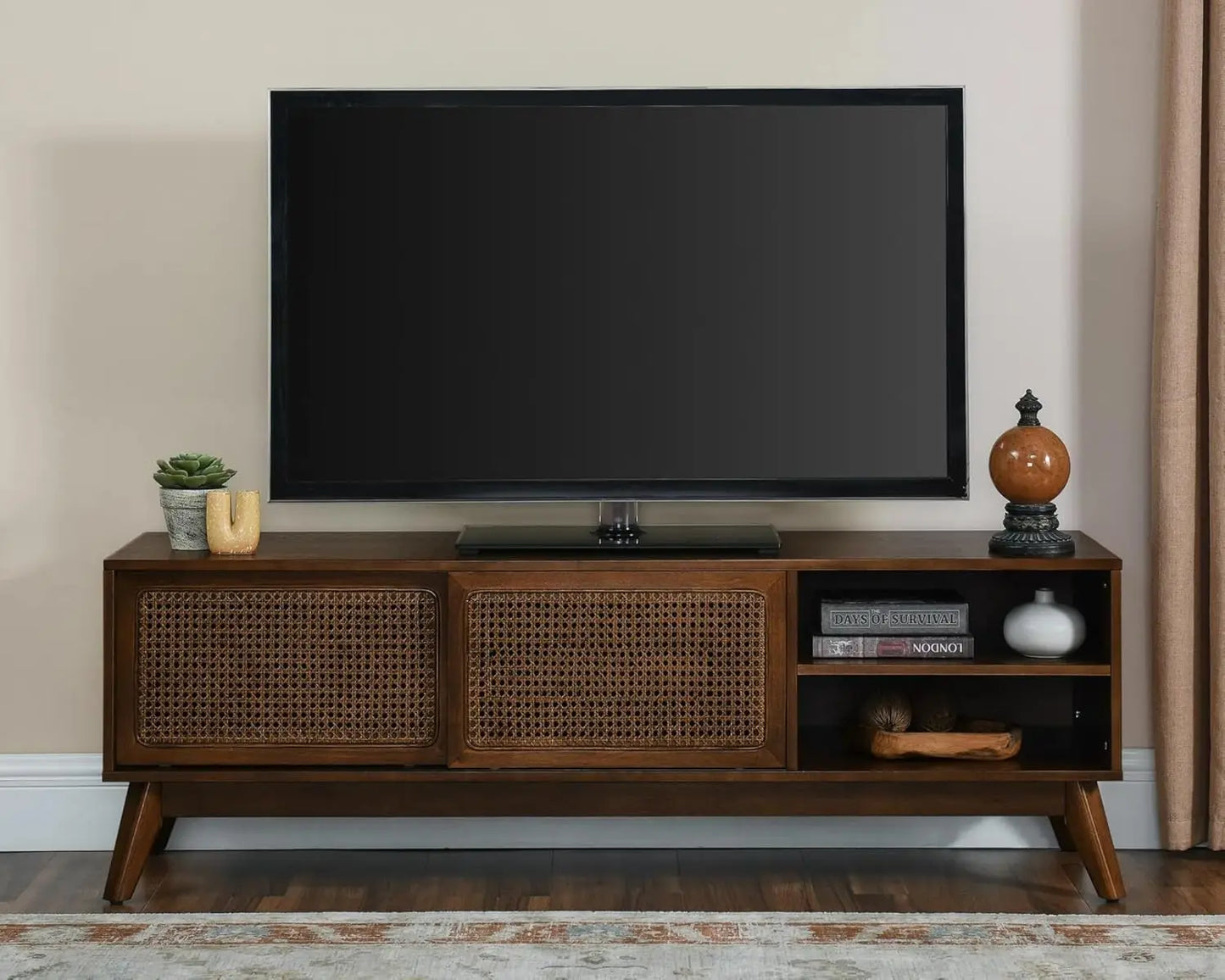 59 Inch Mid Century Modern TV Stand with Rattan Cabinet Doors, Boho TV Stand for 65 Inch TVs, Living Room/Bedroom TV Stand