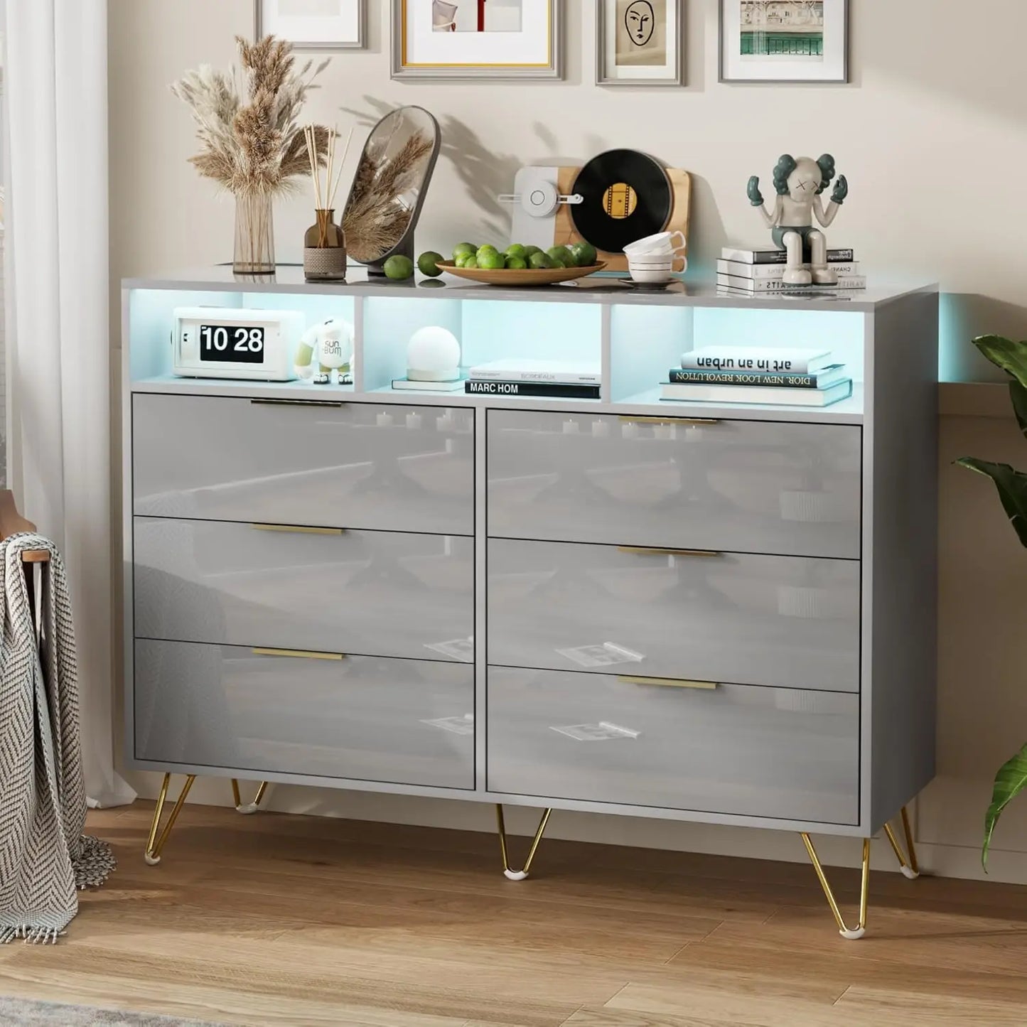 TALIA Modern High-Gloss LED Dresser – 6 Drawer Storage Chest with Open Shelves | 47.2'' W