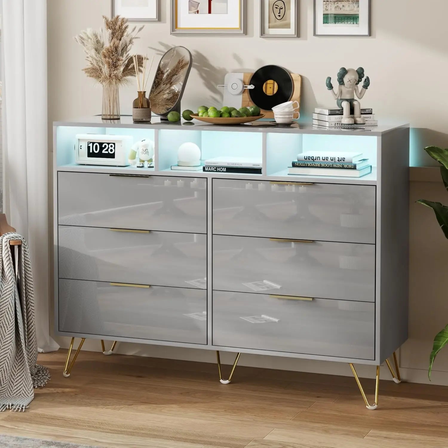 TALIA Modern High-Gloss LED Dresser – 6 Drawer Storage Chest with Open Shelves | 47.2'' W
