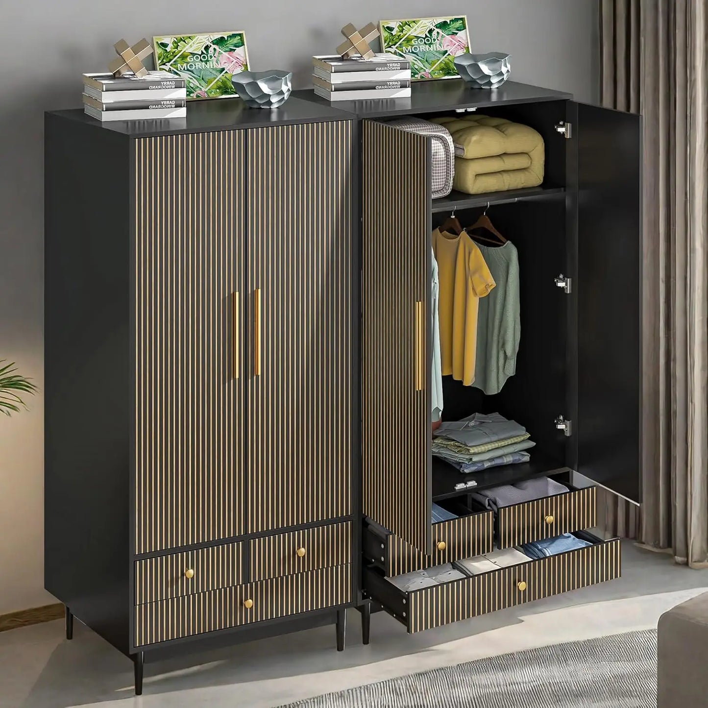 SUNNY Modern Fluted Double-Door Wardrobe Closet Set – 63'' Wide Wooden Bedroom Armoire