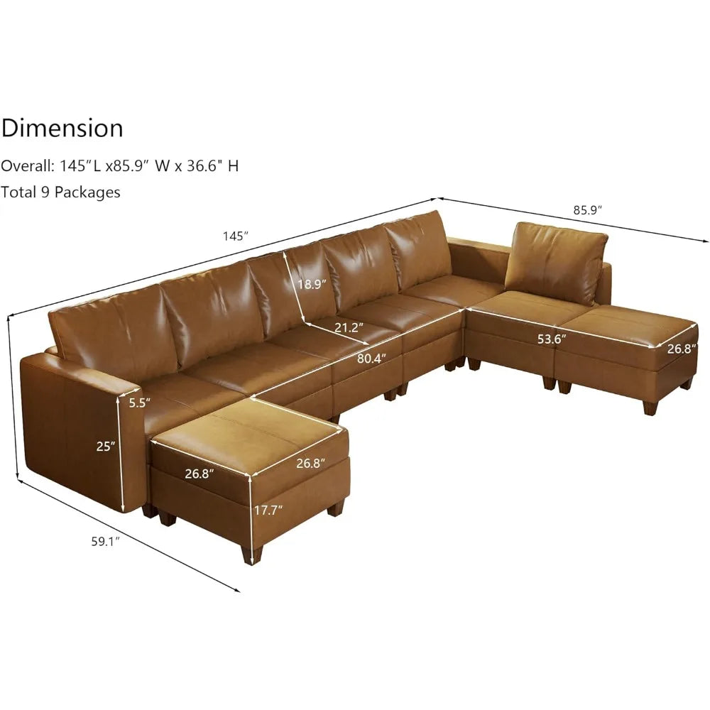 AVERY LuxOra Faux Leather U-Shaped Modular Sectional Sofa | Convertible Sleeper with Storage Ottomans – 118.2″ W