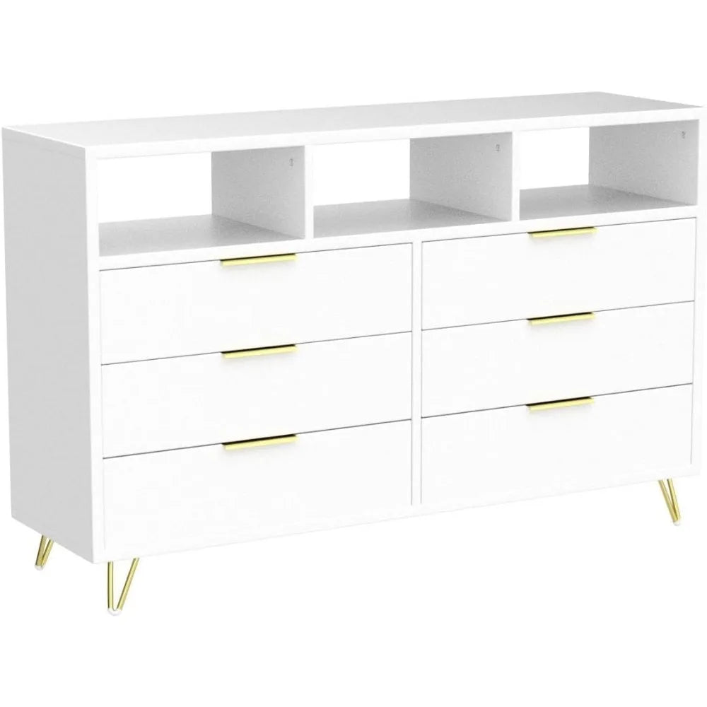 LOLA Modern High Gloss LED Dresser – 6 Drawer Chest with Gold Legs & Open Storage | 55.1'' W