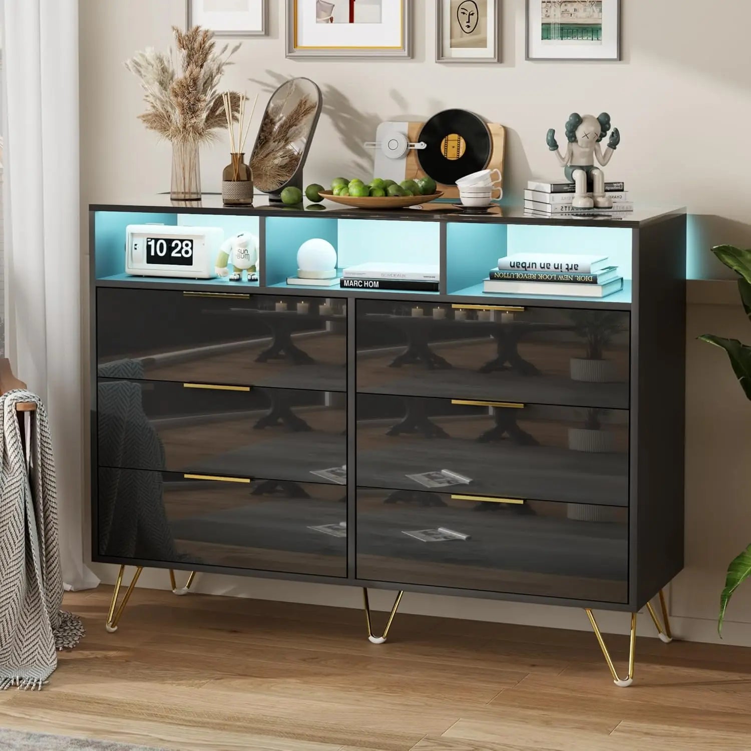 TALIA Modern High-Gloss LED Dresser – 6 Drawer Storage Chest with Open Shelves | 47.2'' W