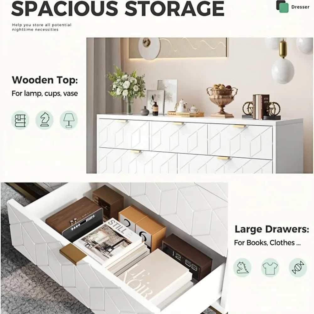 EVANGELINE Modern Geometric 7-Drawer Dresser - 53.5" Wide Storage Chest with Gold Metal Legs