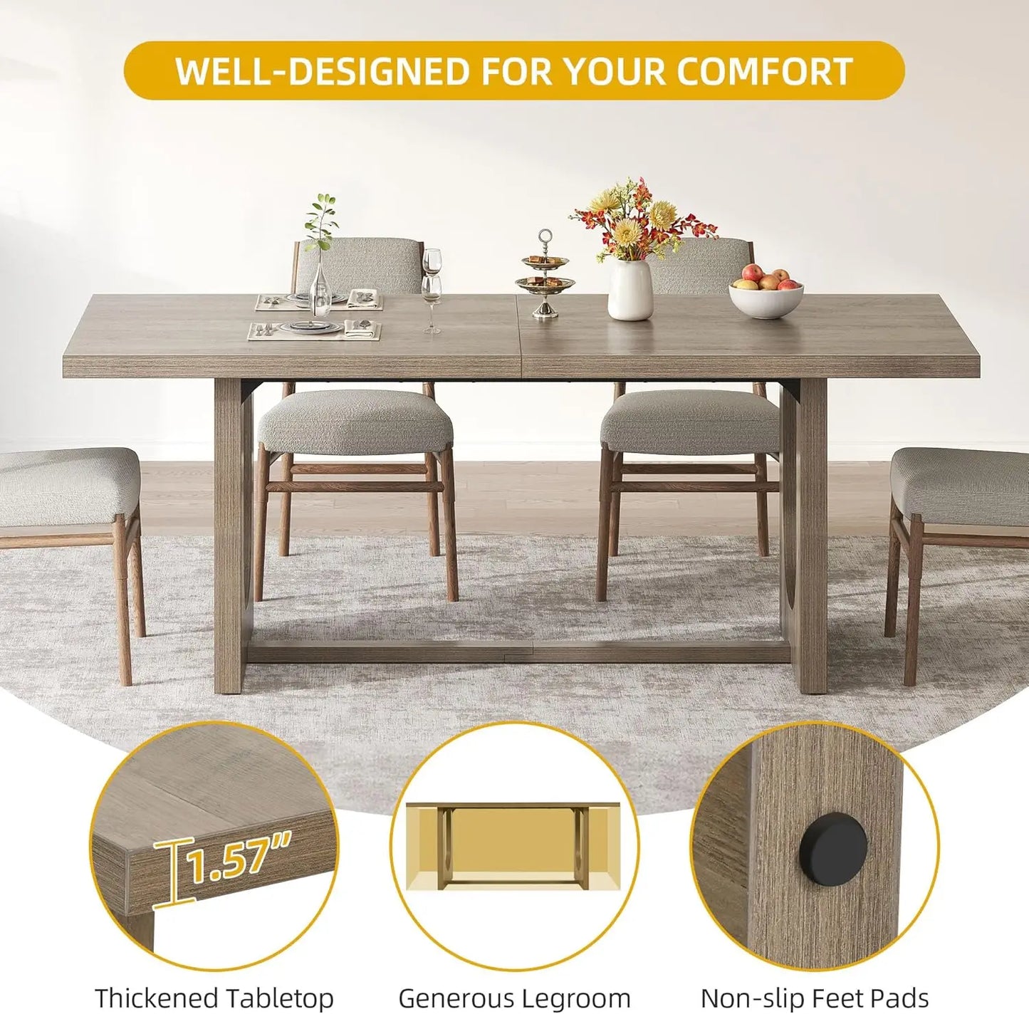 SUSAN Modern Farmhouse Rectangular Dining Table - 70.86" W