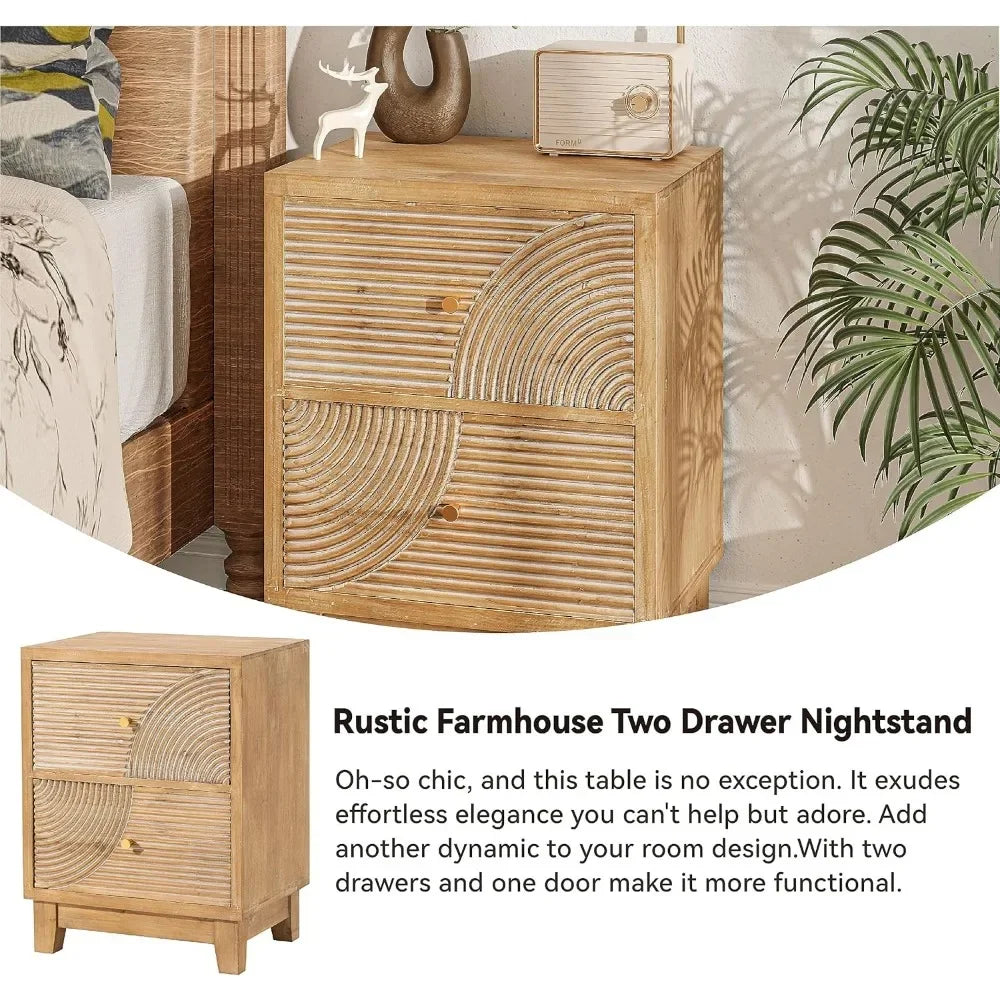 ADELYNN Farmhouse Boho Nightstand with Handcrafted Wood Ring Pattern - 18.5"W