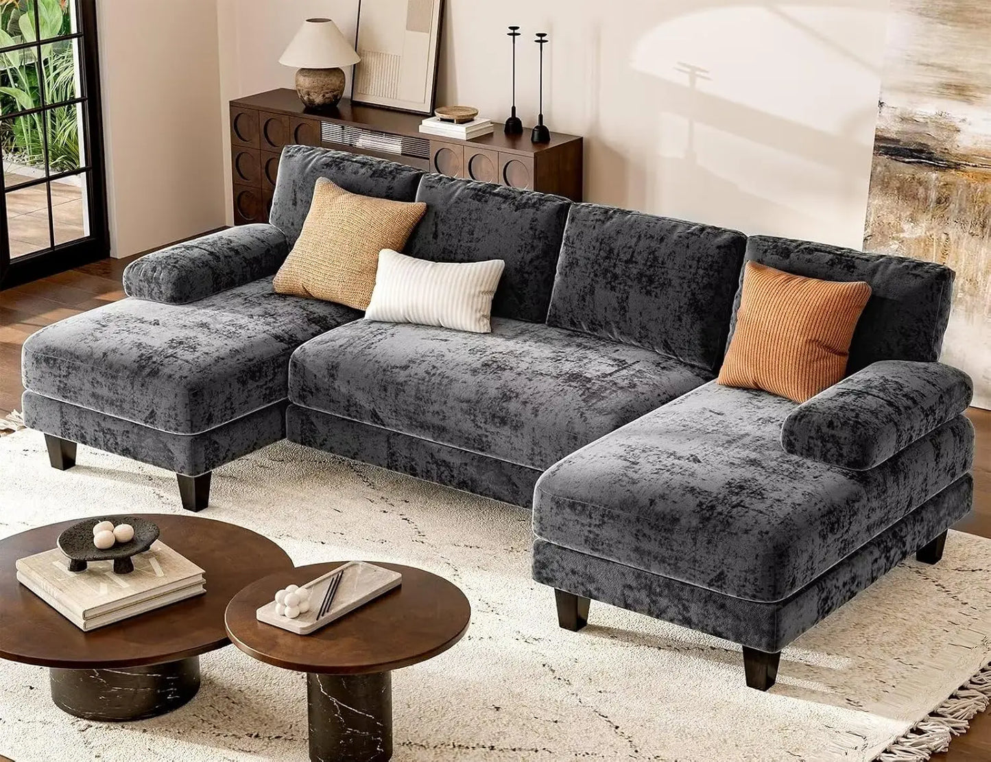 RYLEIGH Modern Foam Upholstered U-Shaped Sectional Sofa – Double Chaise Lounge Couch | 111.8"W