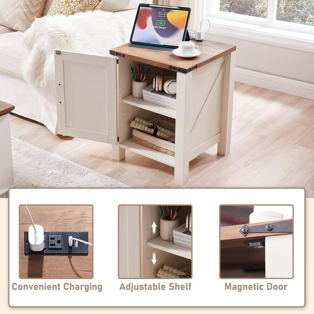 CAMILLA Rustic Farmhouse Barn Door Nightstand with Charging Station - 18'' Wide