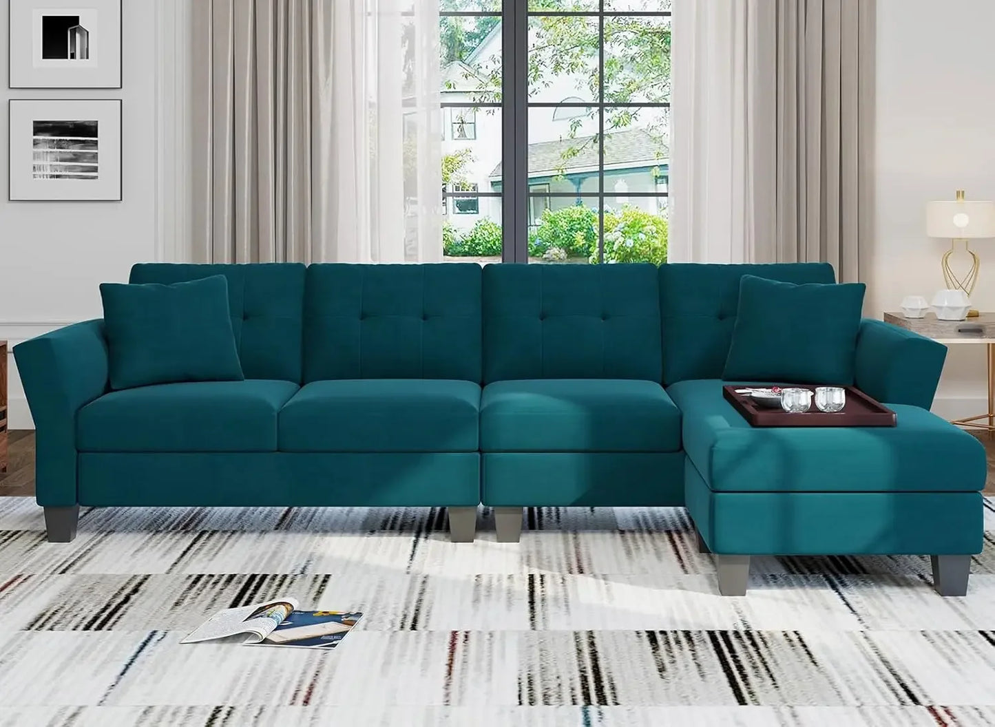 PAUL Modern Velvet Convertible L-Shaped Sectional Sofa – 4-Seater Couch with Chaise | 106.3"W