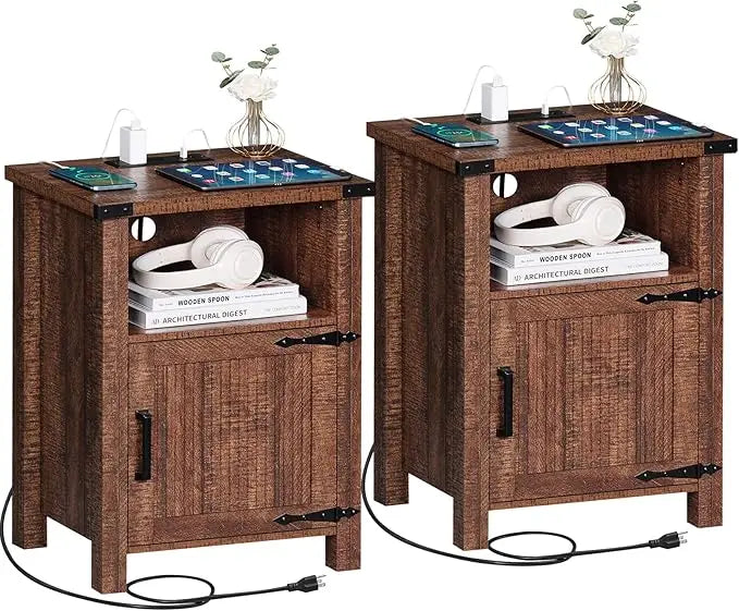 SERENA Farmhouse Nightstand Set of 2 with Charging Station - 18" Rustic Bedside Table with USB Ports & Storage