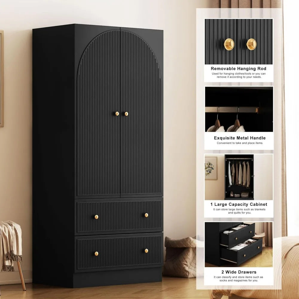 XIOMARA Modern Arched Groove Wardrobe Armoire – Freestanding 2-Door Closet with Drawers & Hanging Rod
