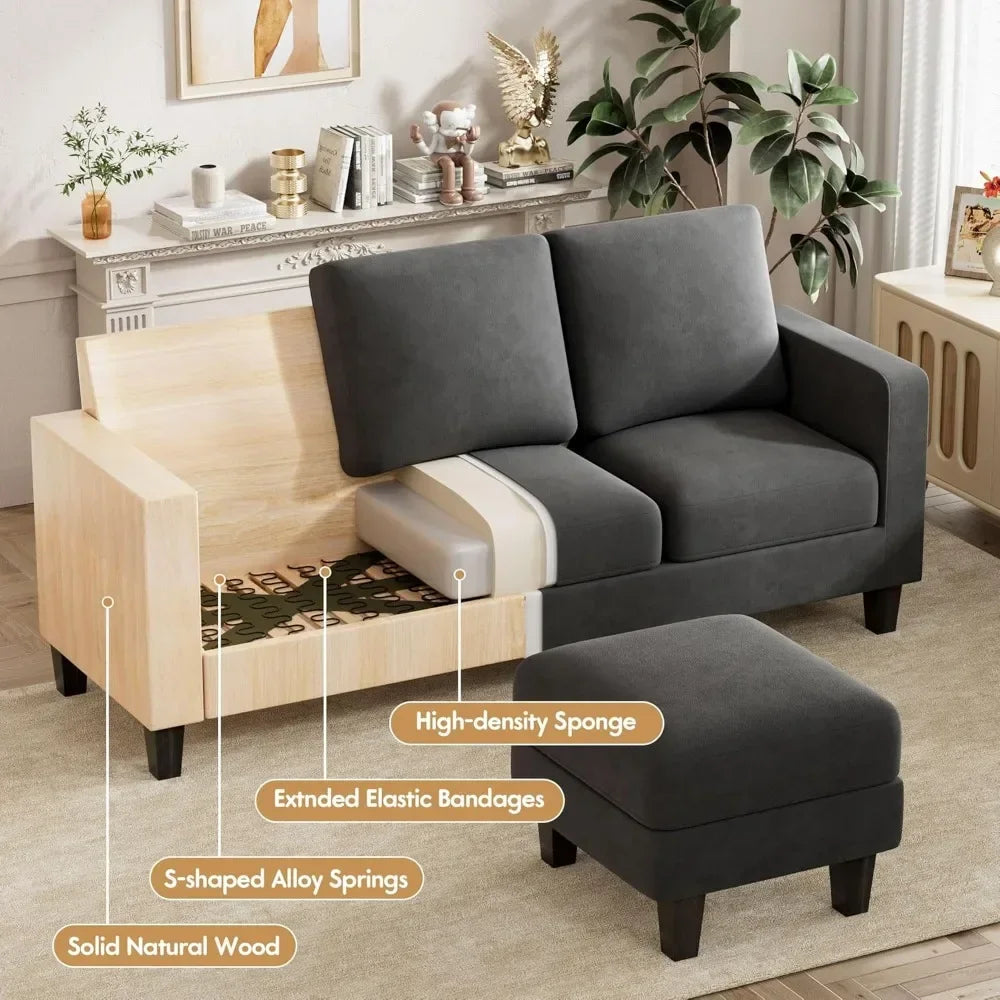 ANGELA Modern Linen Convertible L-Shaped Sectional Sofa – 3-Seater Couch with Movable Ottoman - 70.8"W