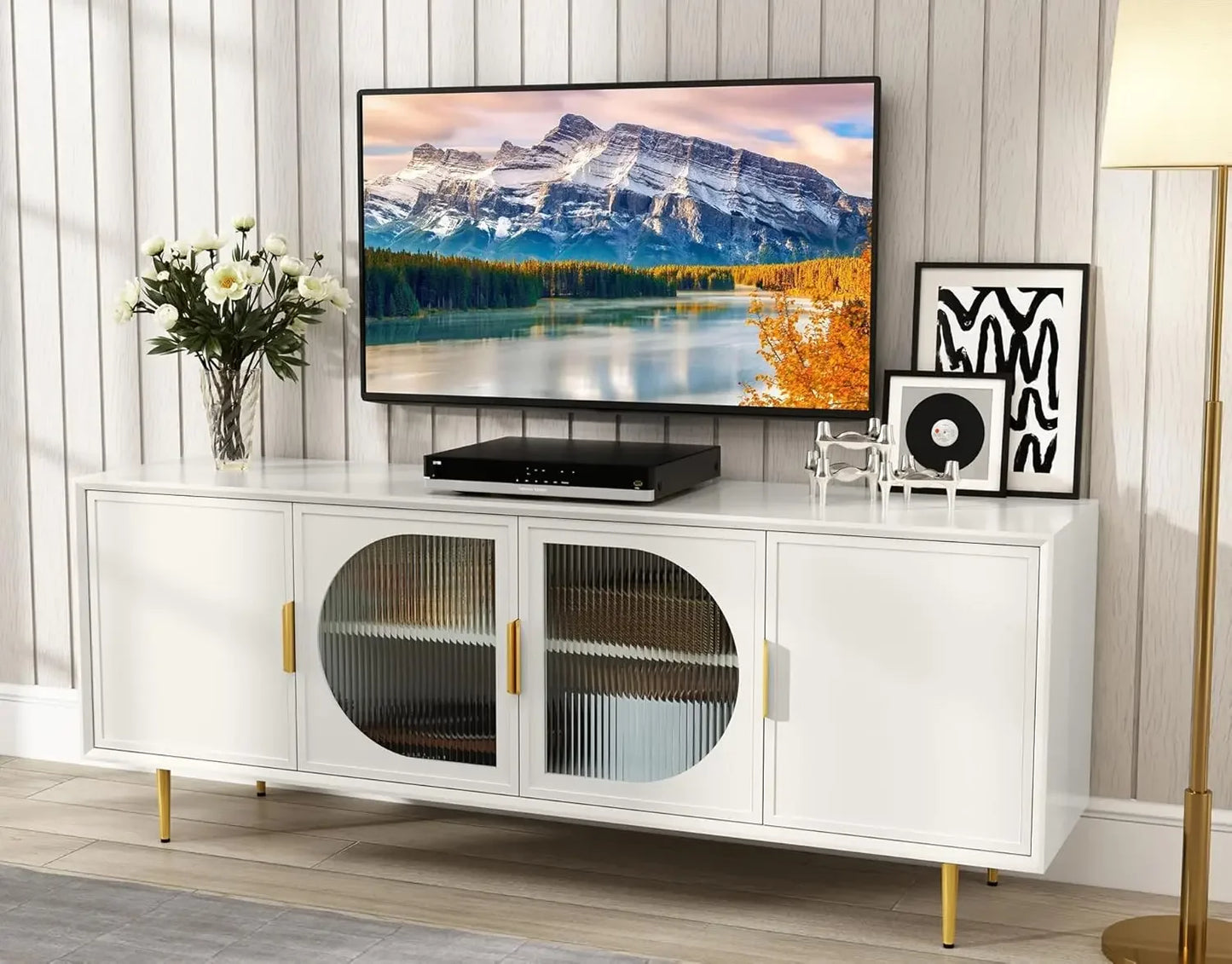 Modern TV Stand for TVs up to 70+ inch, Glass Door Television Console Table with Gold Leg, Entertainment Center with Storage