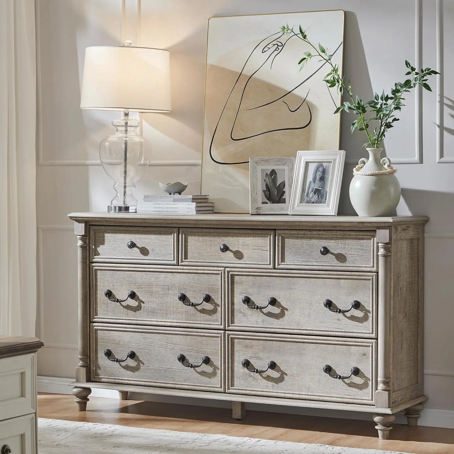 KALI Farmhouse 7-Drawer Wide Wood Dresser - 54'' Rustic Storage Chest
