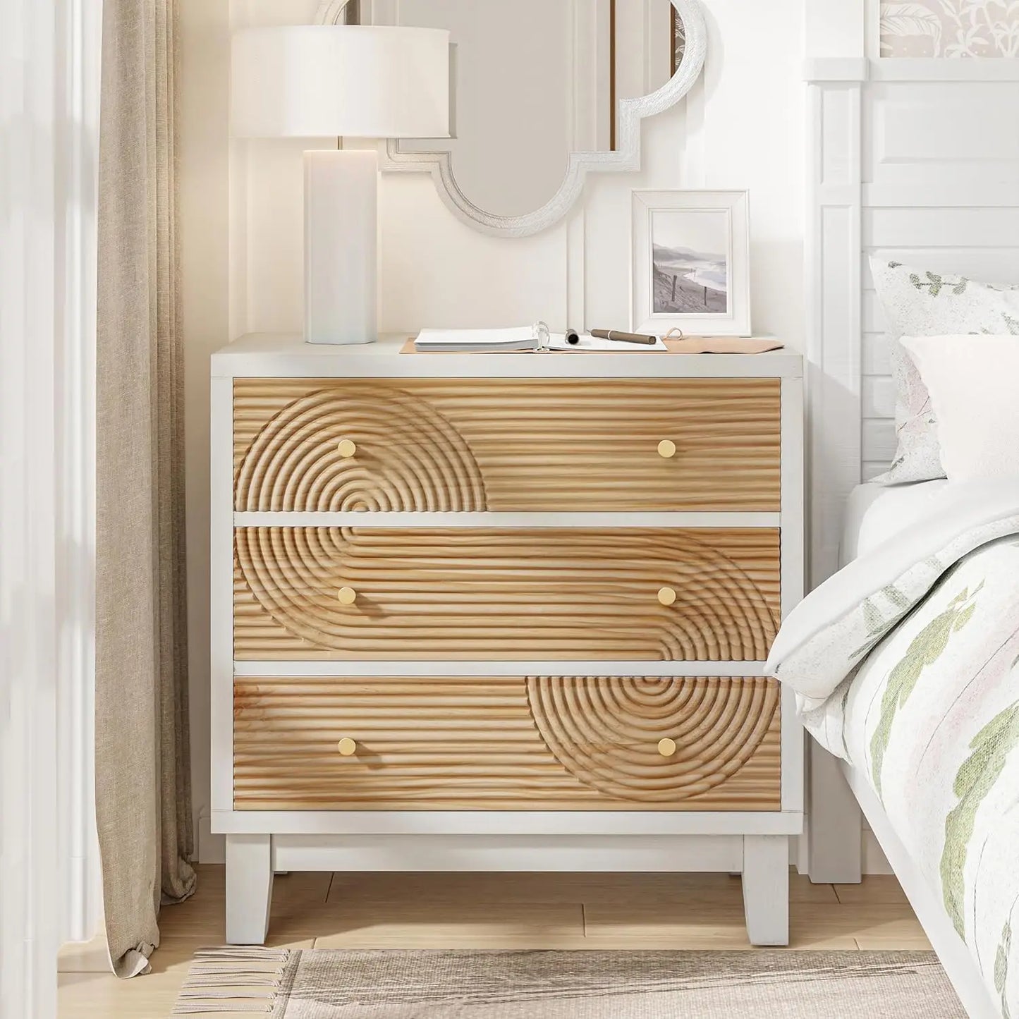 SYDNEY Mid Century Wooden Bedside Table with Handcrafted Ring Pattern, 2-Drawer