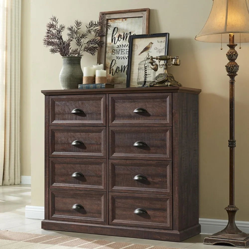CAMILLE Rustic Farmhouse 8-Drawer Wooden Dresser – Tall Storage Chest | 42'' W