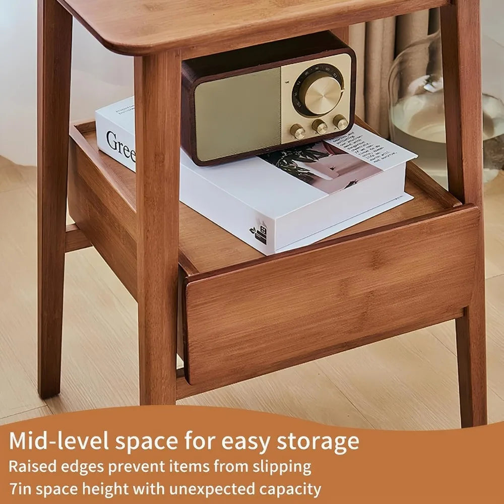 HATTIE Minimalist Bamboo Nightstand – Wooden Bedside Table with Drawer – 13.77” Wide