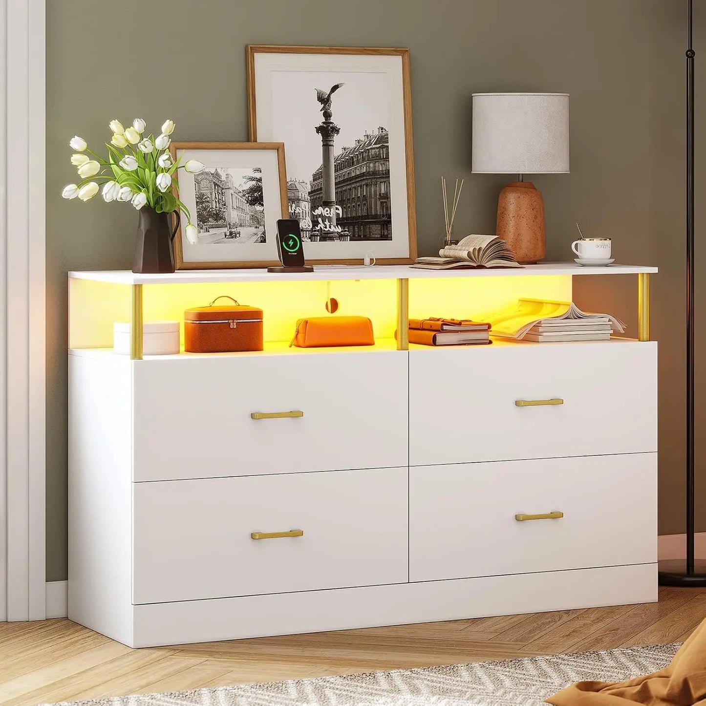TAYLOR Modern LED Bedroom Dresser – 4 Drawer Storage Chest with Column Design & Charging Station
