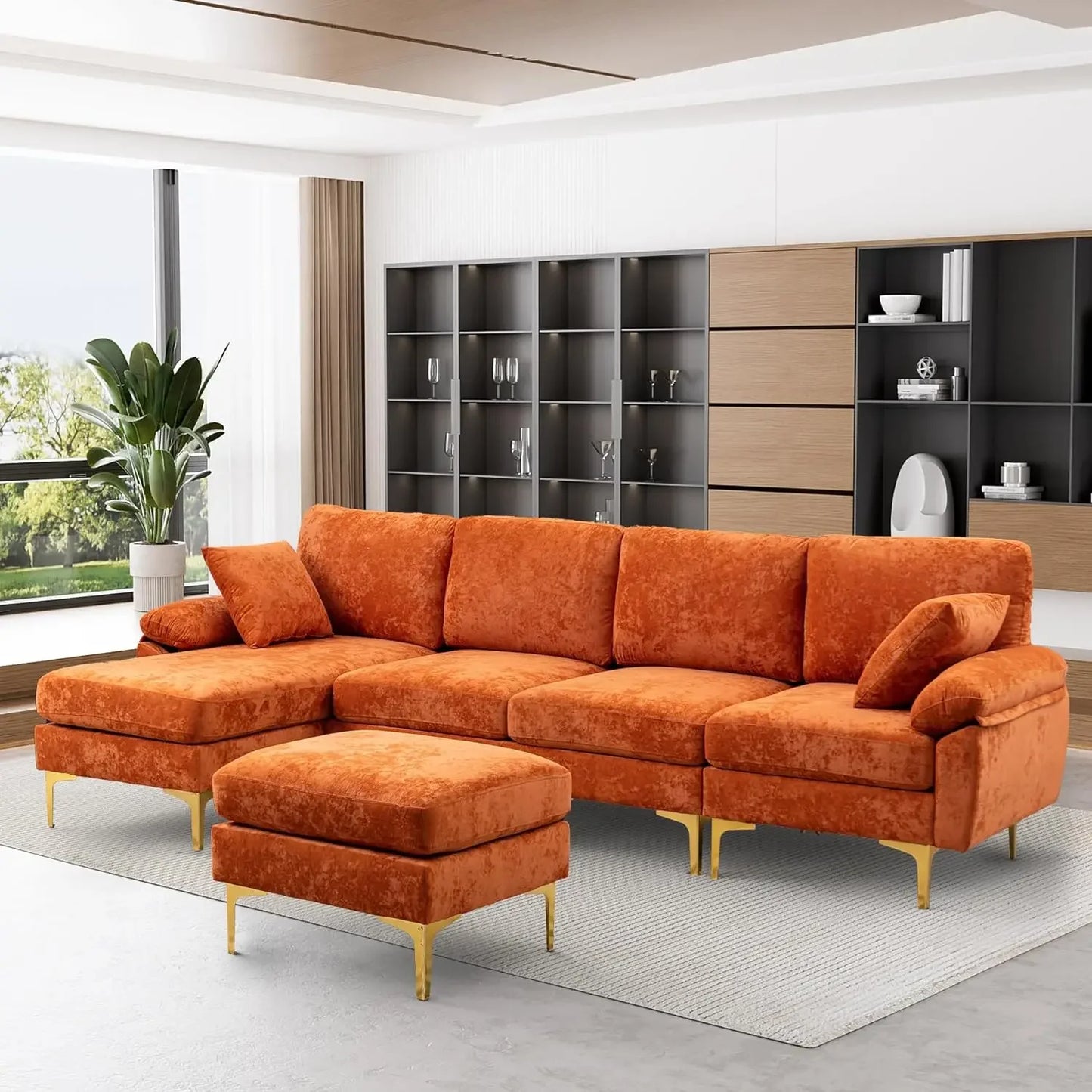 RYKER Modern Velvet U-Shaped Sectional Sofa with Chaise & Ottoman – Sectional Couch – 114.17" W