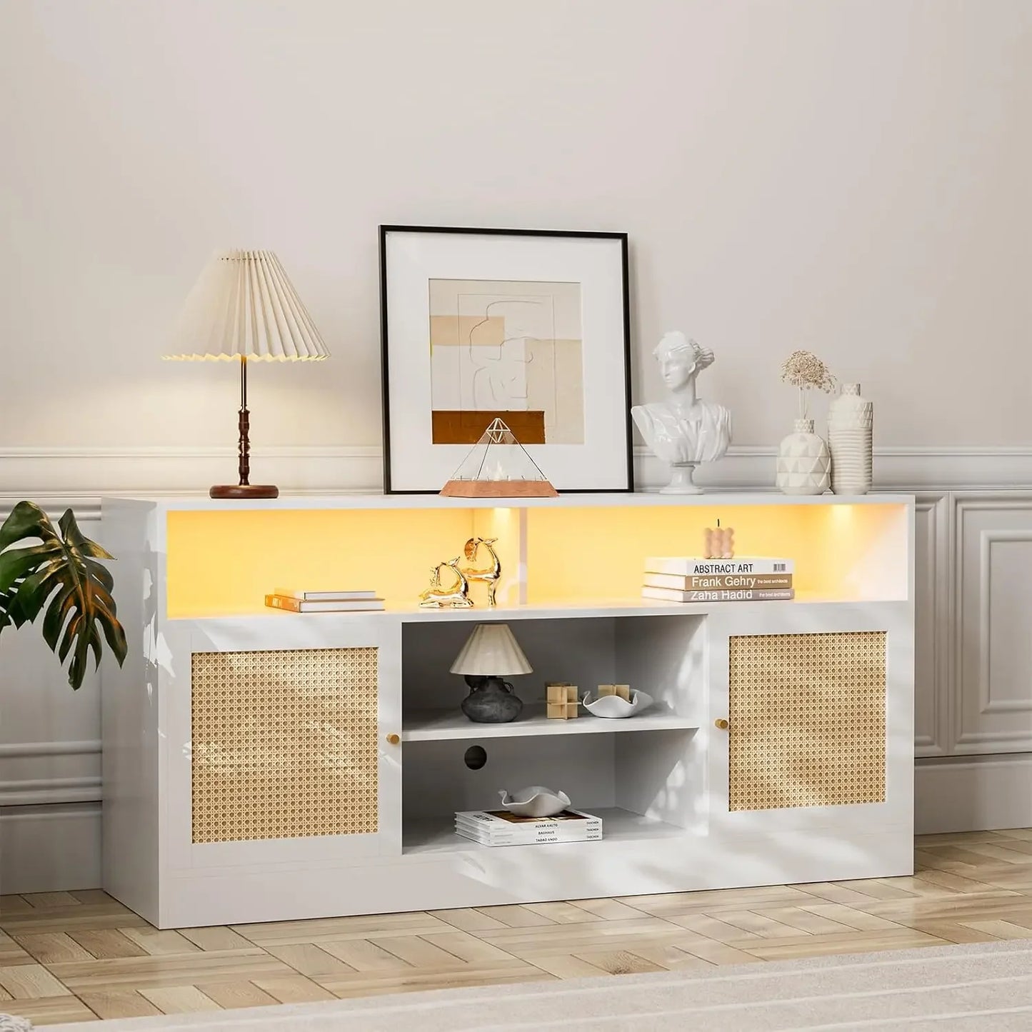 ADRIAN LED Rattan TV Stand Entertainment Center with Storage – 55" W