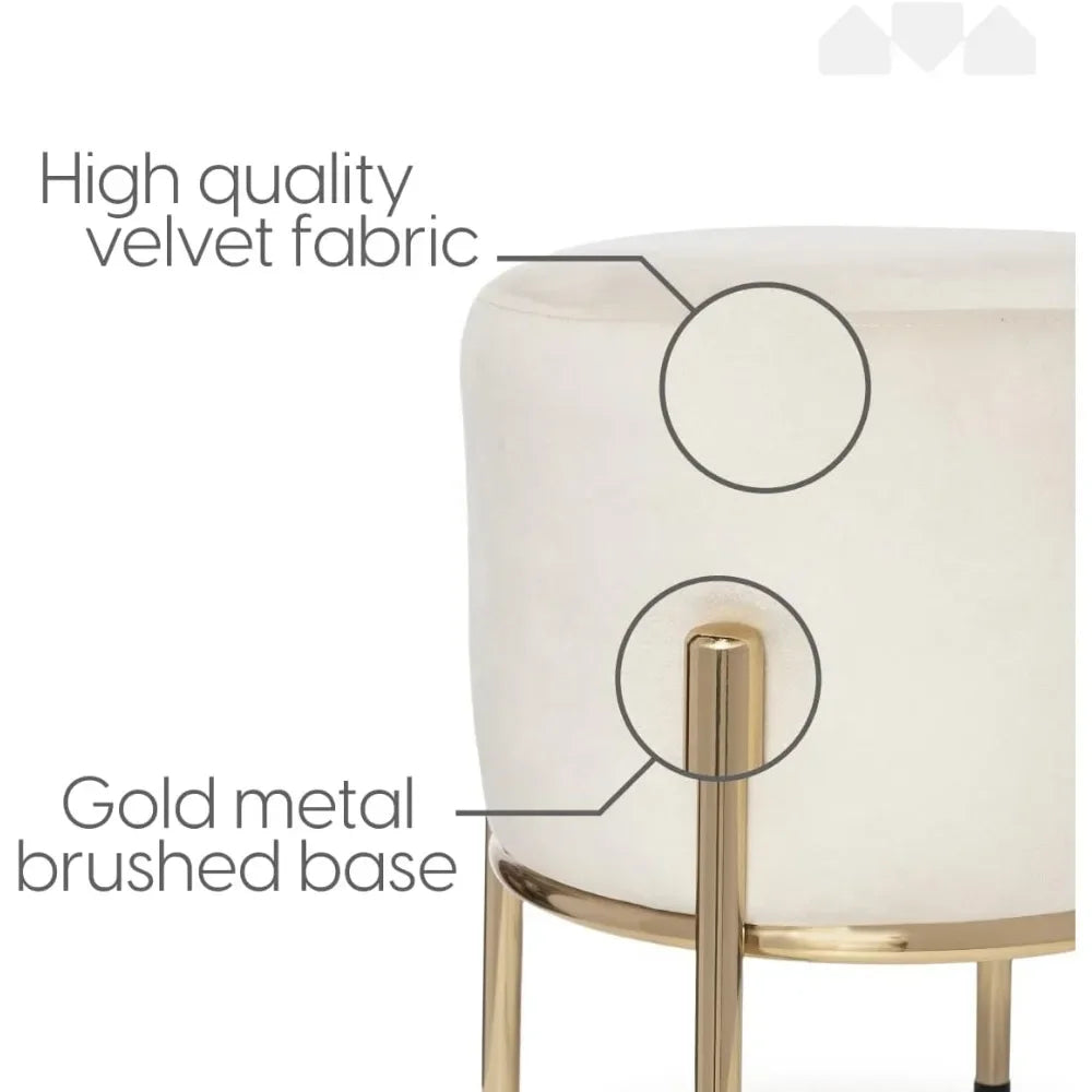 ZACHARY Upholstered Round Ottoman with Gold Metal Legs –14x17 W