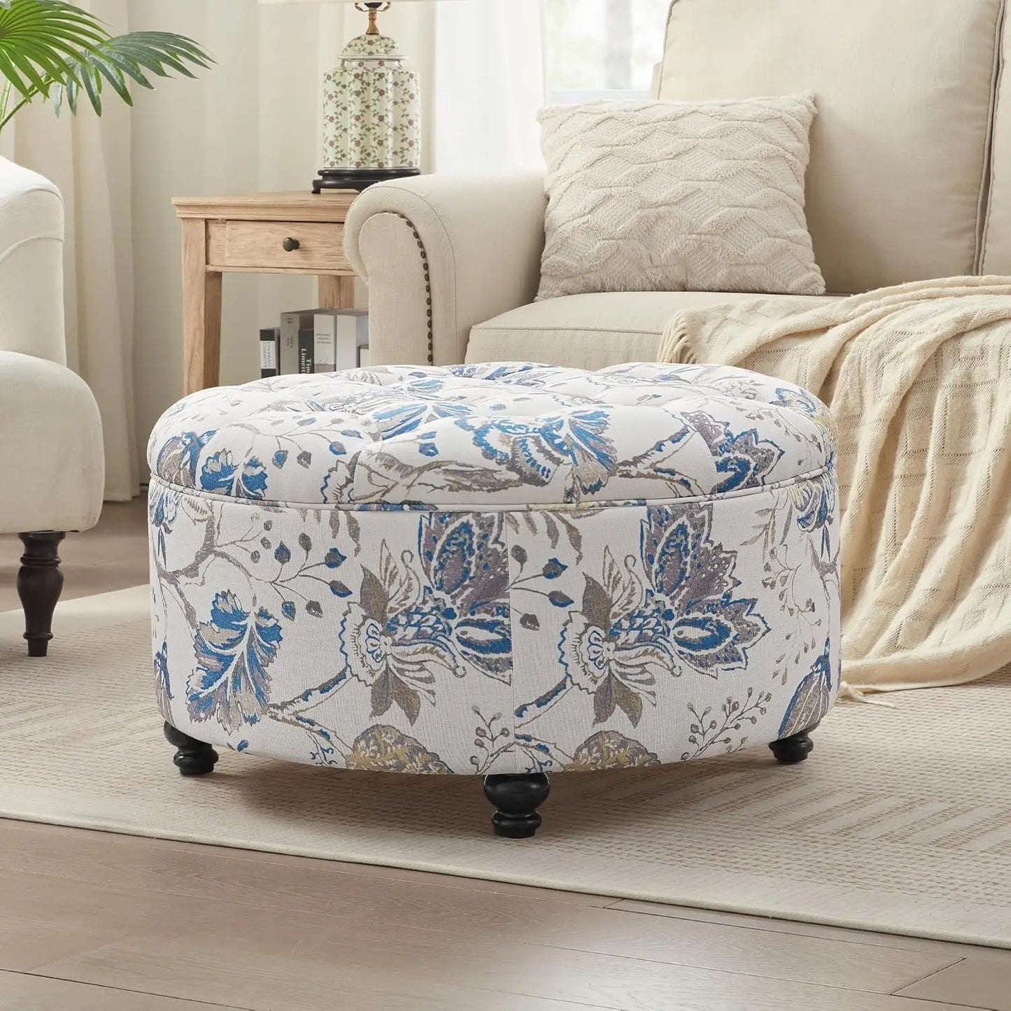 CHASE 30-Inch Round Storage Ottoman with Button Tufting and Removable Top - 30" W