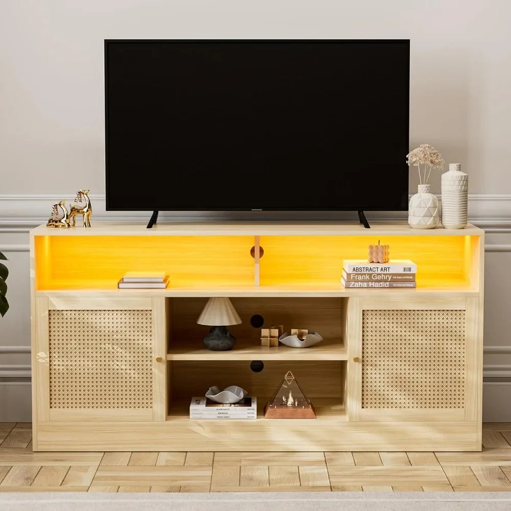 ADRIAN LED Rattan TV Stand Entertainment Center with Storage – 55" W