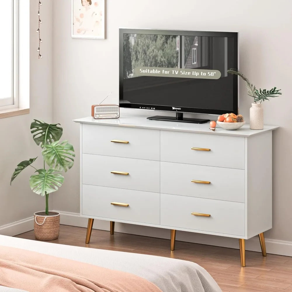 ANTONELLA Modern LED White Dresser – 6 Drawer Chest with Gold Handles – 47.2''