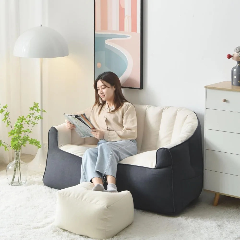 ARIELLE Modern Crescent Bean Bag Loveseat Sofa with Footrests – Cotton Fabric Couch - 45"W
