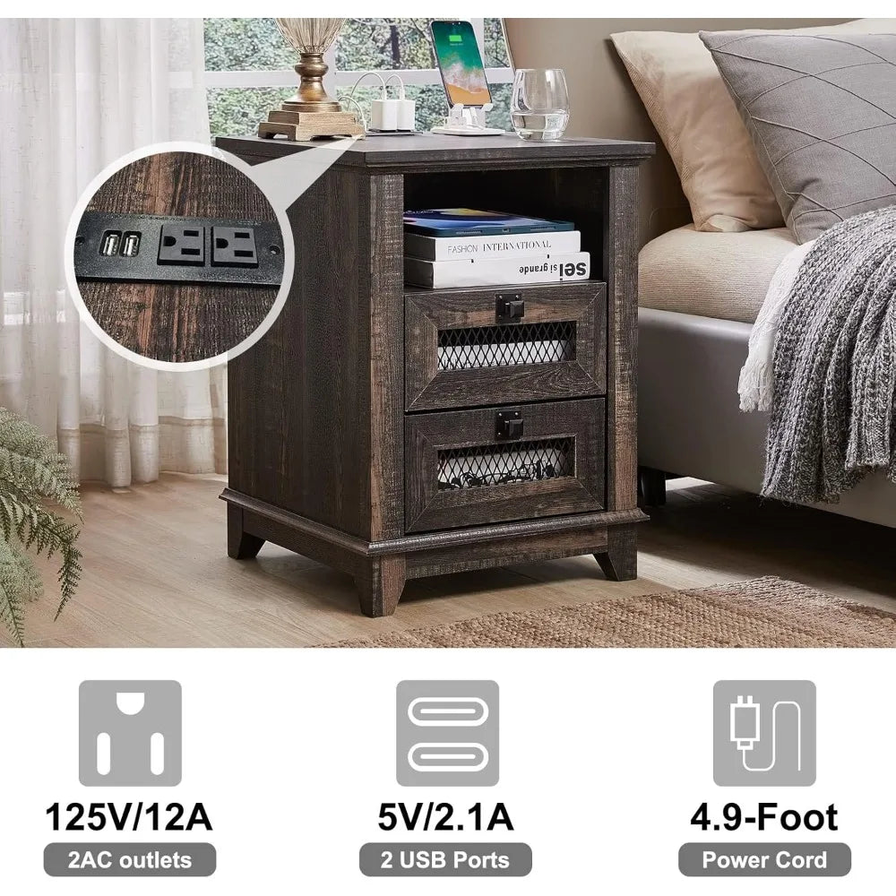 DREAM Farmhouse Nightstand with Charging Station & Mesh Drawers