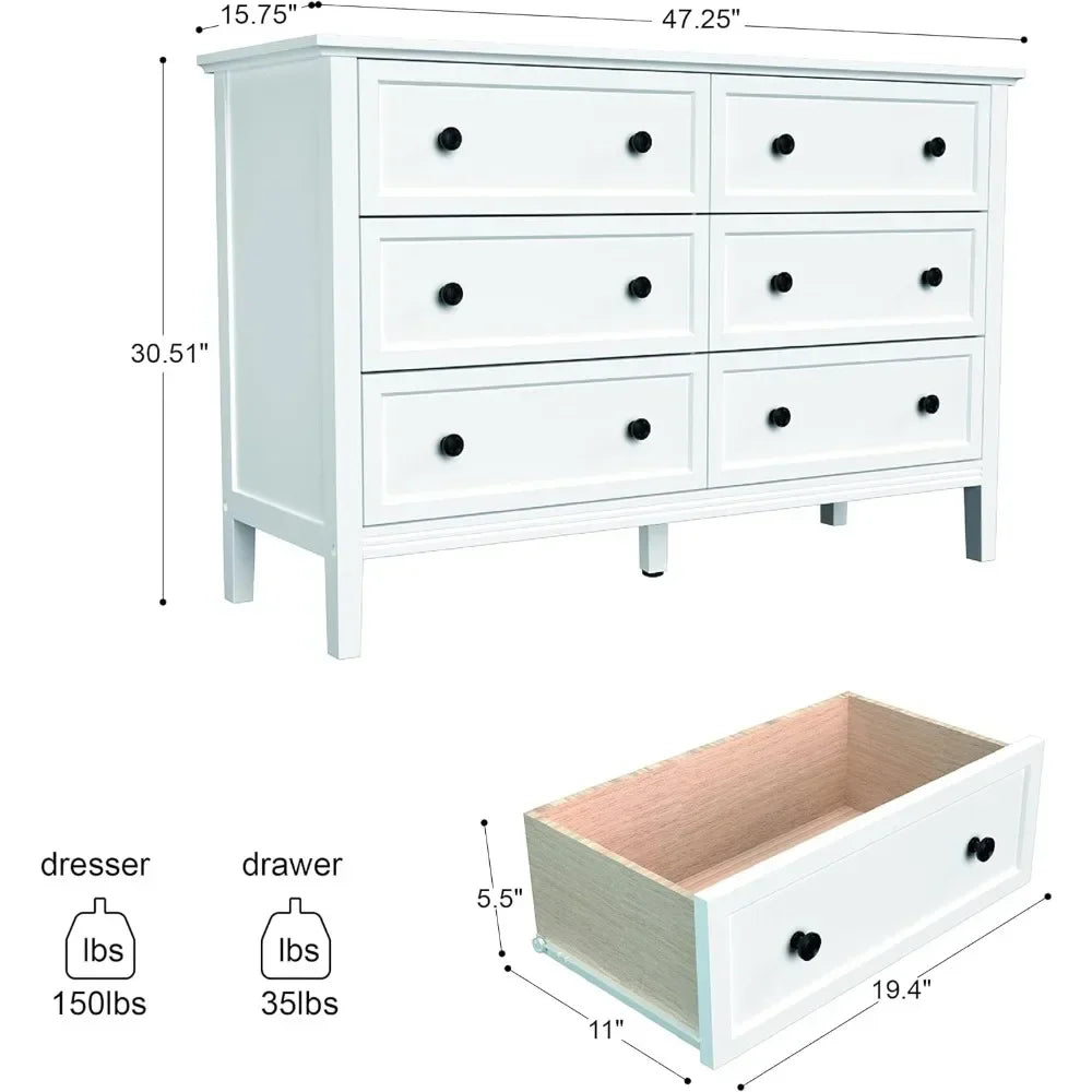 POPPY Modern Elegant 6-Drawer Dresser with Metal Handles - 47'' Wide