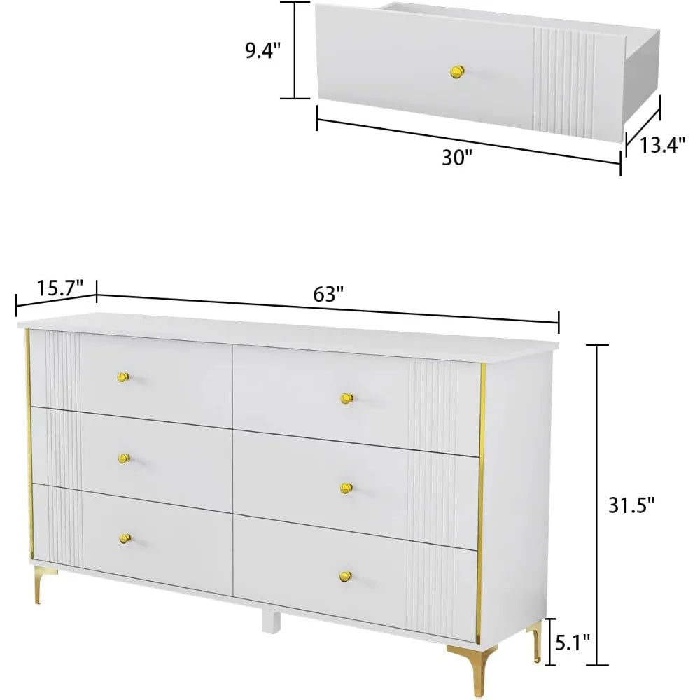 NOA Modern Geometric High Gloss 6-Drawer Dresser - 63"W