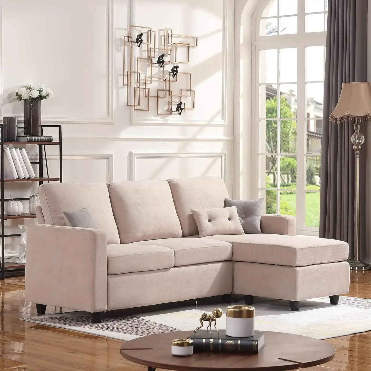 DEREK Modern Reversible Linen L-Shaped Sectional Sofa – Convertible Couch - 77.6"W